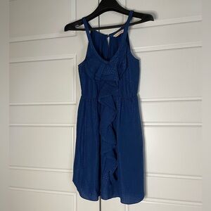 Rebecca Taylor 100 % Silk Textured Ruffle Blue Midi Dress flowy lightweight